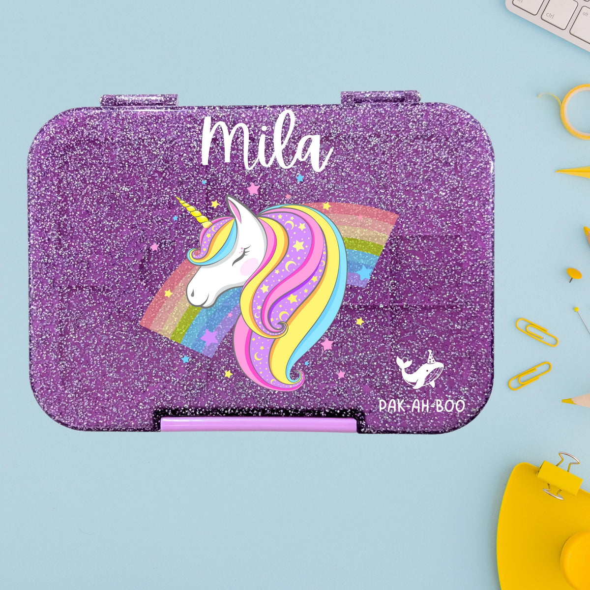 Personalized Kids Bento Box: Purple Glitter Unicorn, Tritan Tray