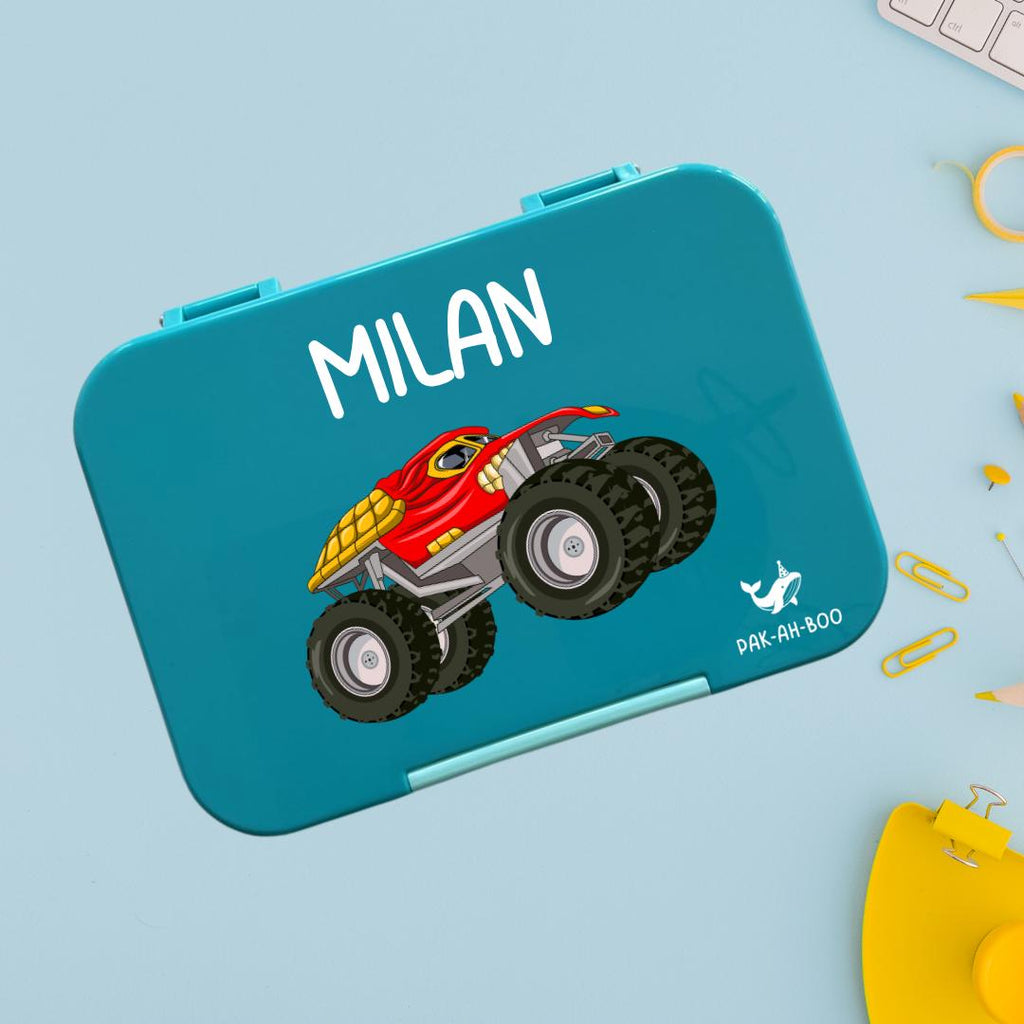 Personalized Kids Bento Box: Monster Truck Design, Medium, Leakproof 4-6 Compartment TRITAN Lunch Box for School & Daycare