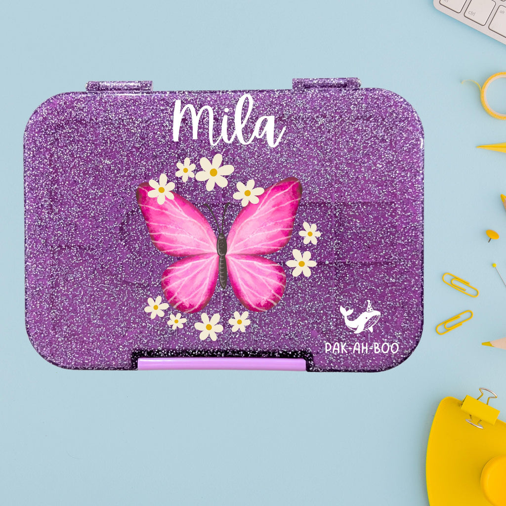 Personalized Kids Bento Box: Butterfly Design, Medium, Leakproof 4-6 Compartment TRITAN Lunch Box for School & Daycare