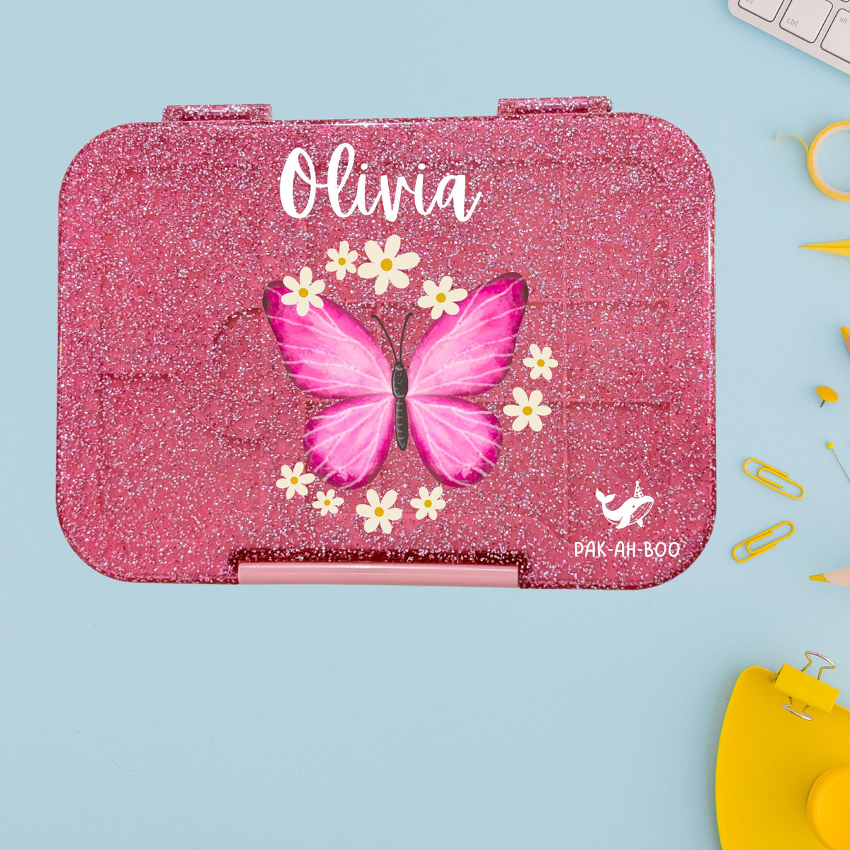 Personalized Kids Bento Box: Butterfly Design, Medium, Leakproof 4-6 Compartment TRITAN Lunch Box for School & Daycare