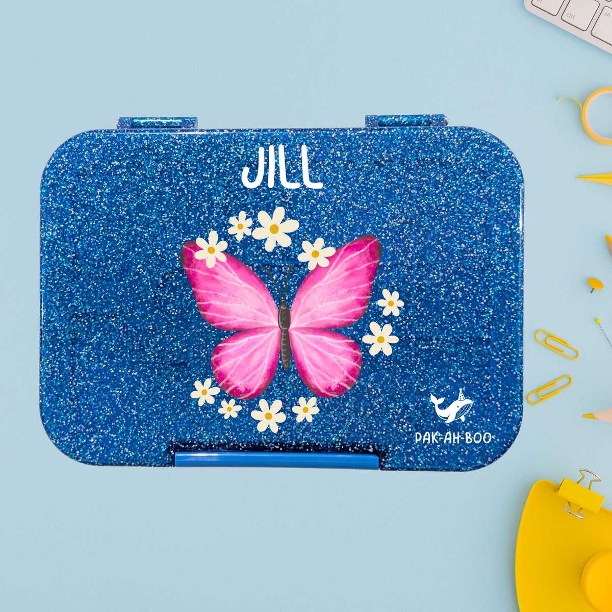 Personalized Kids Bento Box: Butterfly Design, Medium, Leakproof 4-6 Compartment TRITAN Lunch Box for School & Daycare