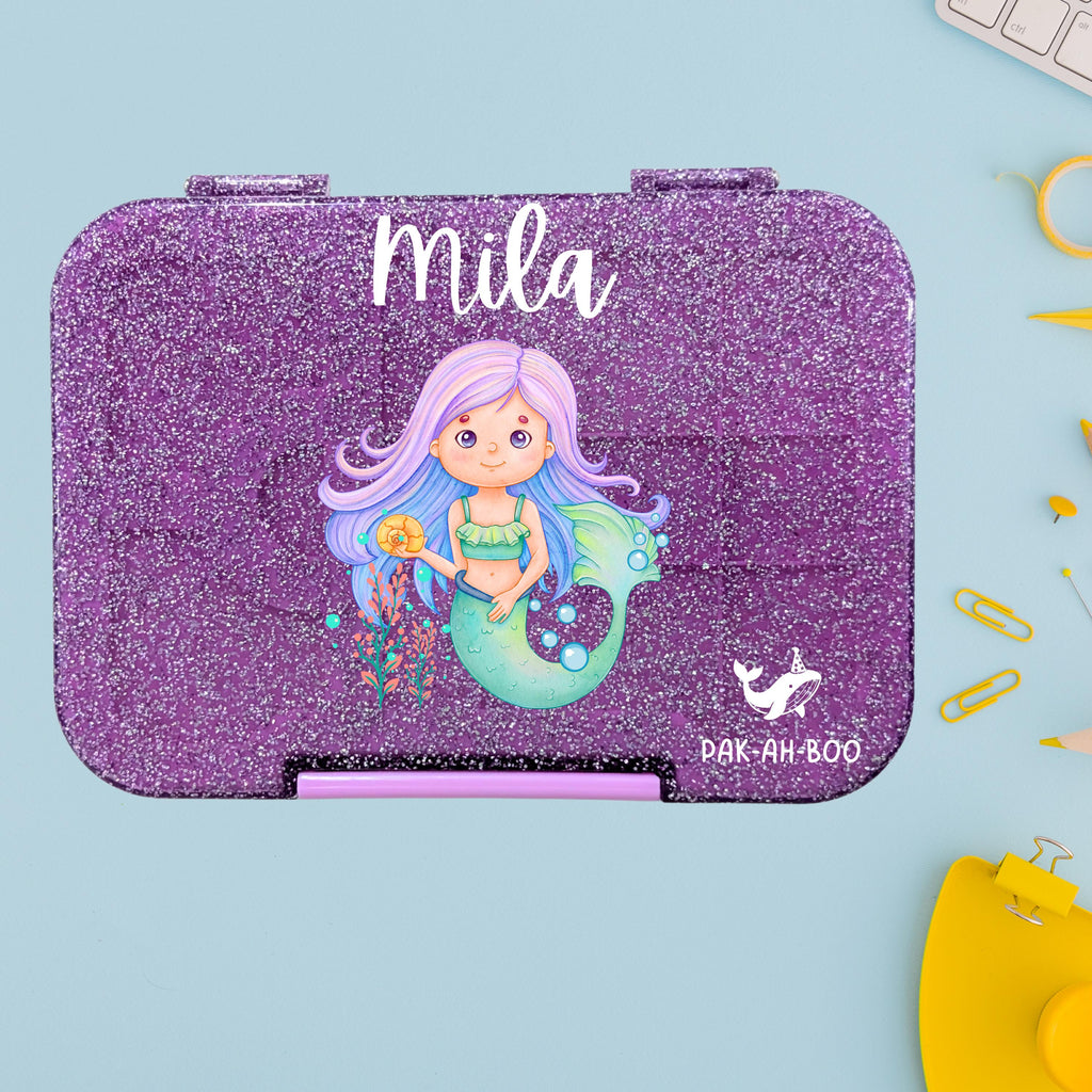 Personalized Purple Glitter Mermaid Bento Box: Tritan 4/6 Compartment Lunchbox