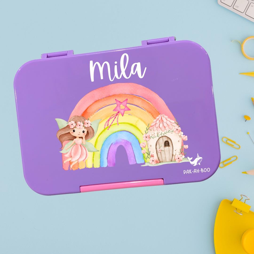 Personalized Kids Bento Box: Fairy Design, Medium, Leakproof 4-6 Compartment TRITAN Lunch Box for School & Daycare