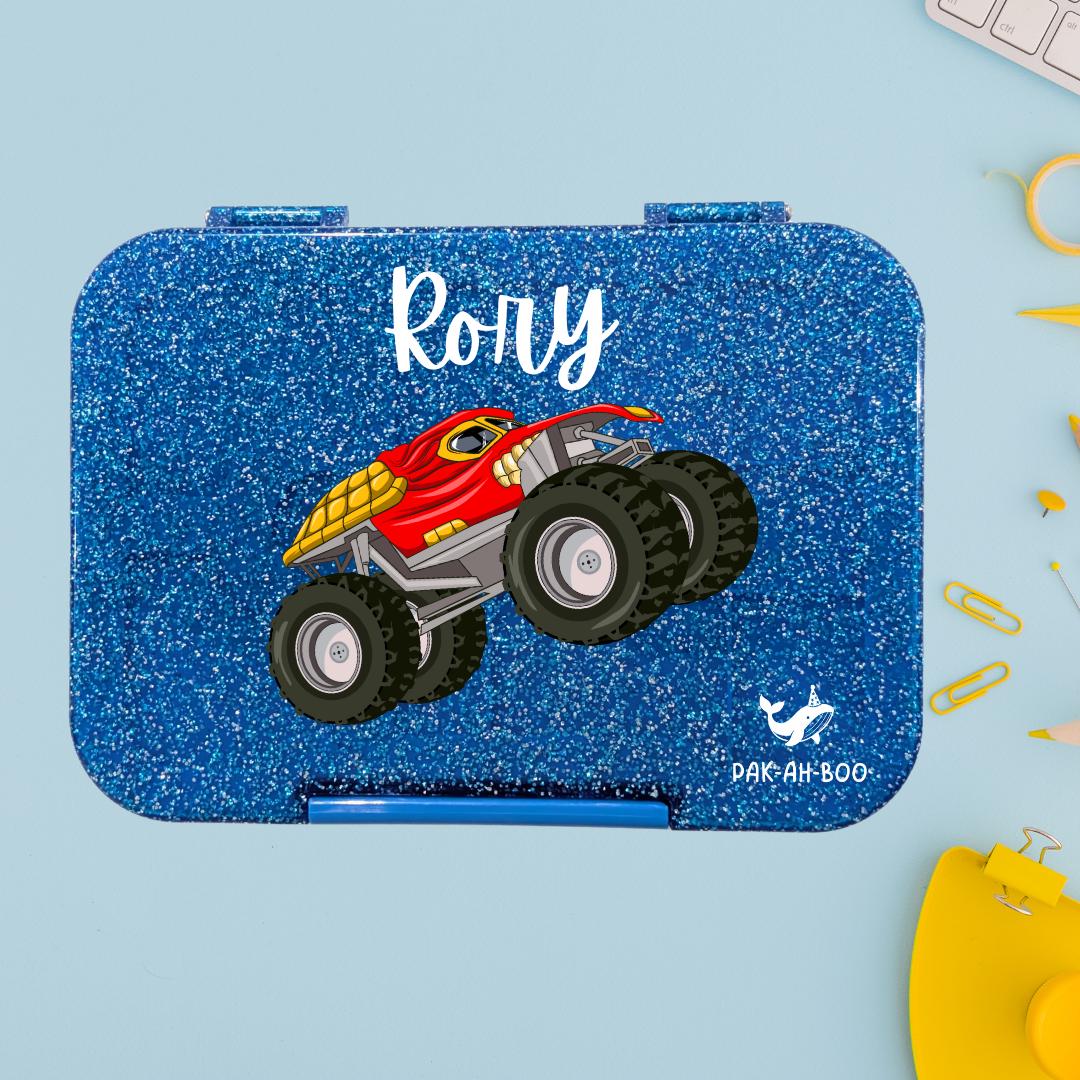 Personalized Kids Bento Box: Monster Truck Design, Medium, Leakproof 4-6 Compartment TRITAN Lunch Box for School & Daycare