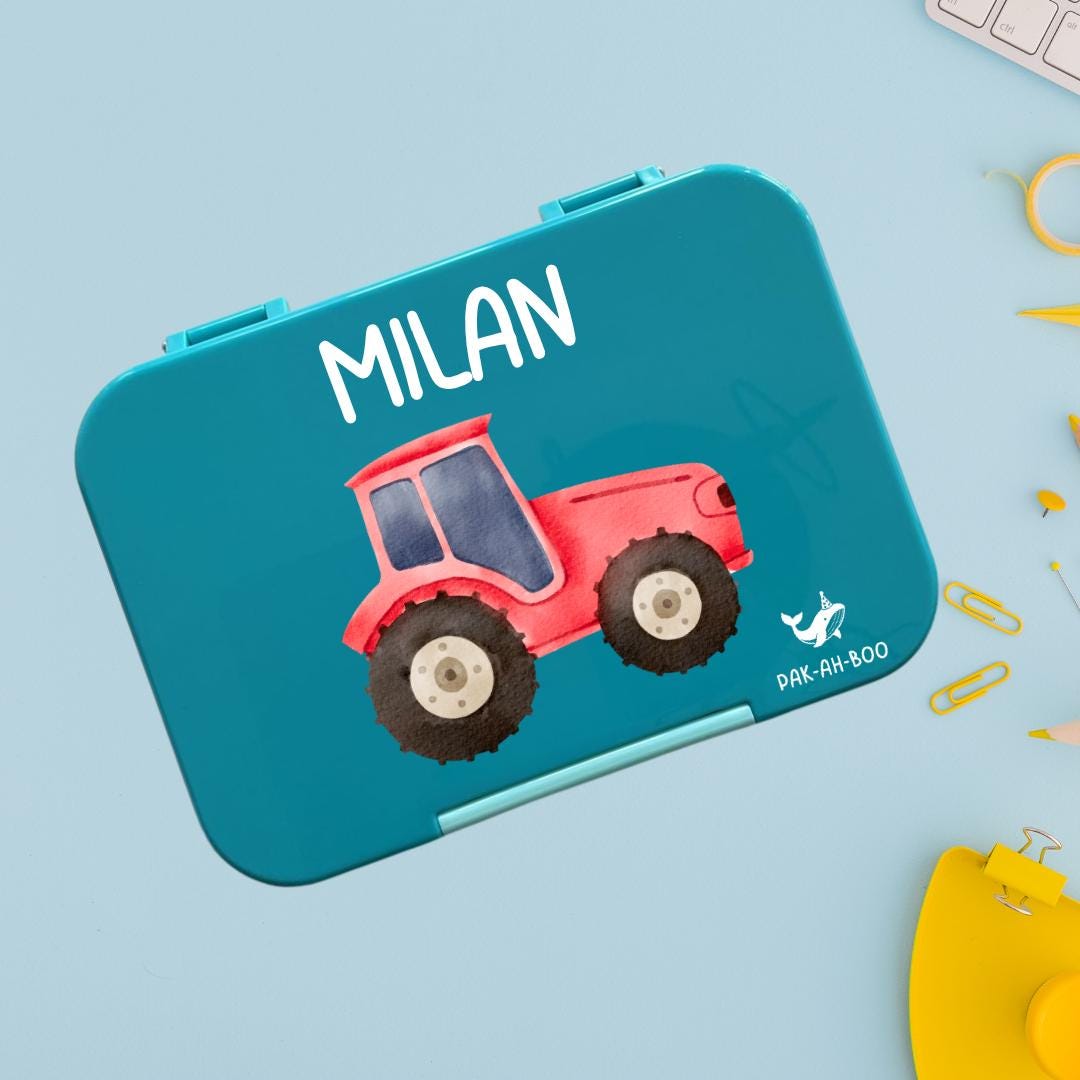 Personalized Kids Bento Box: Tractor Design, Medium, Leakproof 4-6 Compartment TRITAN Lunch Box for School & Daycare