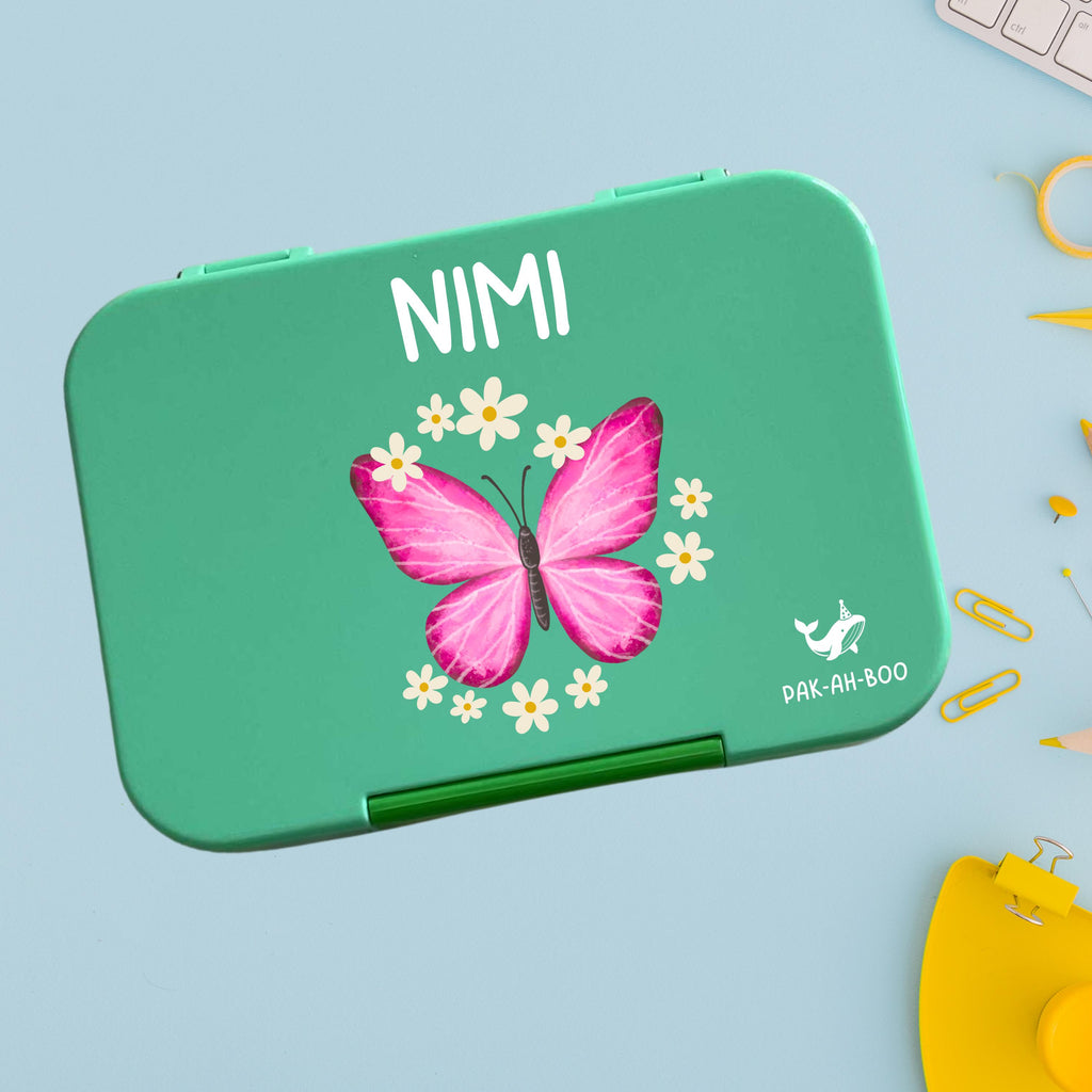 Personalized Kids Bento Box: Butterfly Design, Medium, Leakproof 4-6 Compartment TRITAN Lunch Box for School & Daycare
