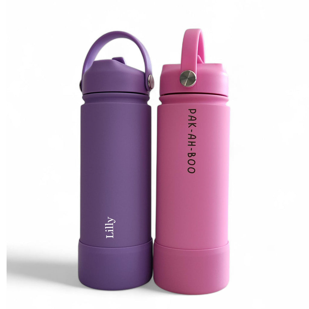 PAK-AH-BOO purple and hot pink engraved 500ml drink bottles