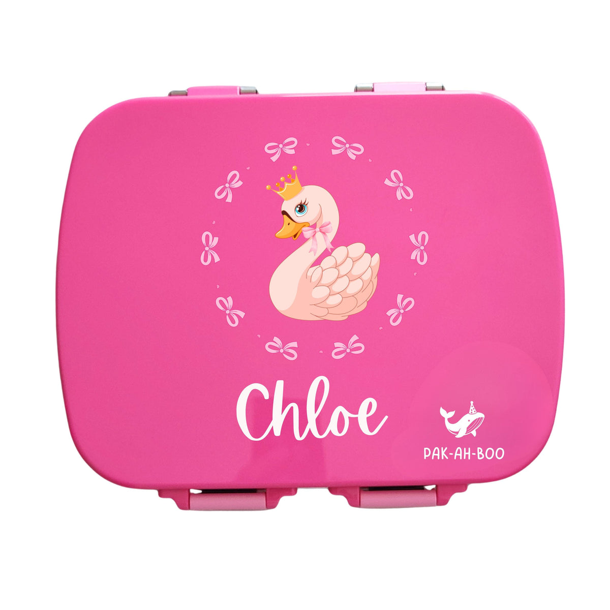 Personalised pink stainless steel kids bento box – PAK-AH-BOO MunchiiBox 4, Swan print with name