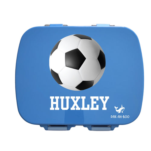 Personalised blue stainless steel kids bento box – PAK-AH-BOO MunchiiBox 4, Soccer Ball print with name