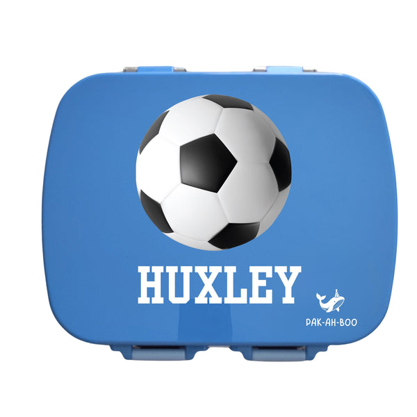 Personalised blue stainless steel kids bento box – PAK-AH-BOO MunchiiBox 4, Soccer Ball print with name