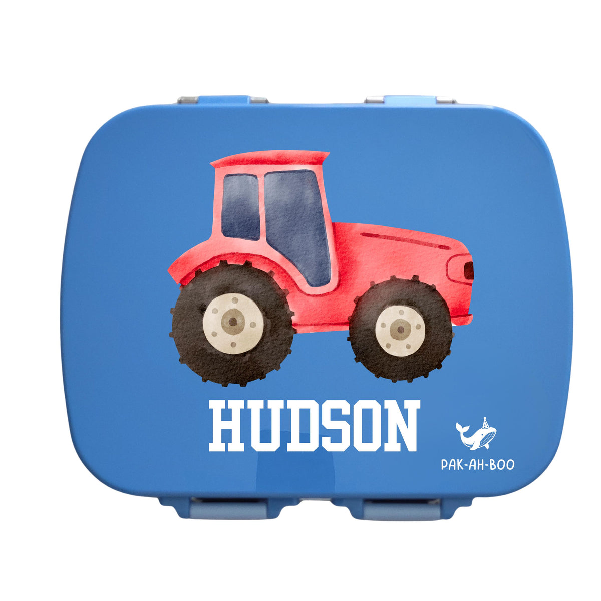Personalised blue stainless steel kids bento box – PAK-AH-BOO MunchiiBox 4, Tractor print with name