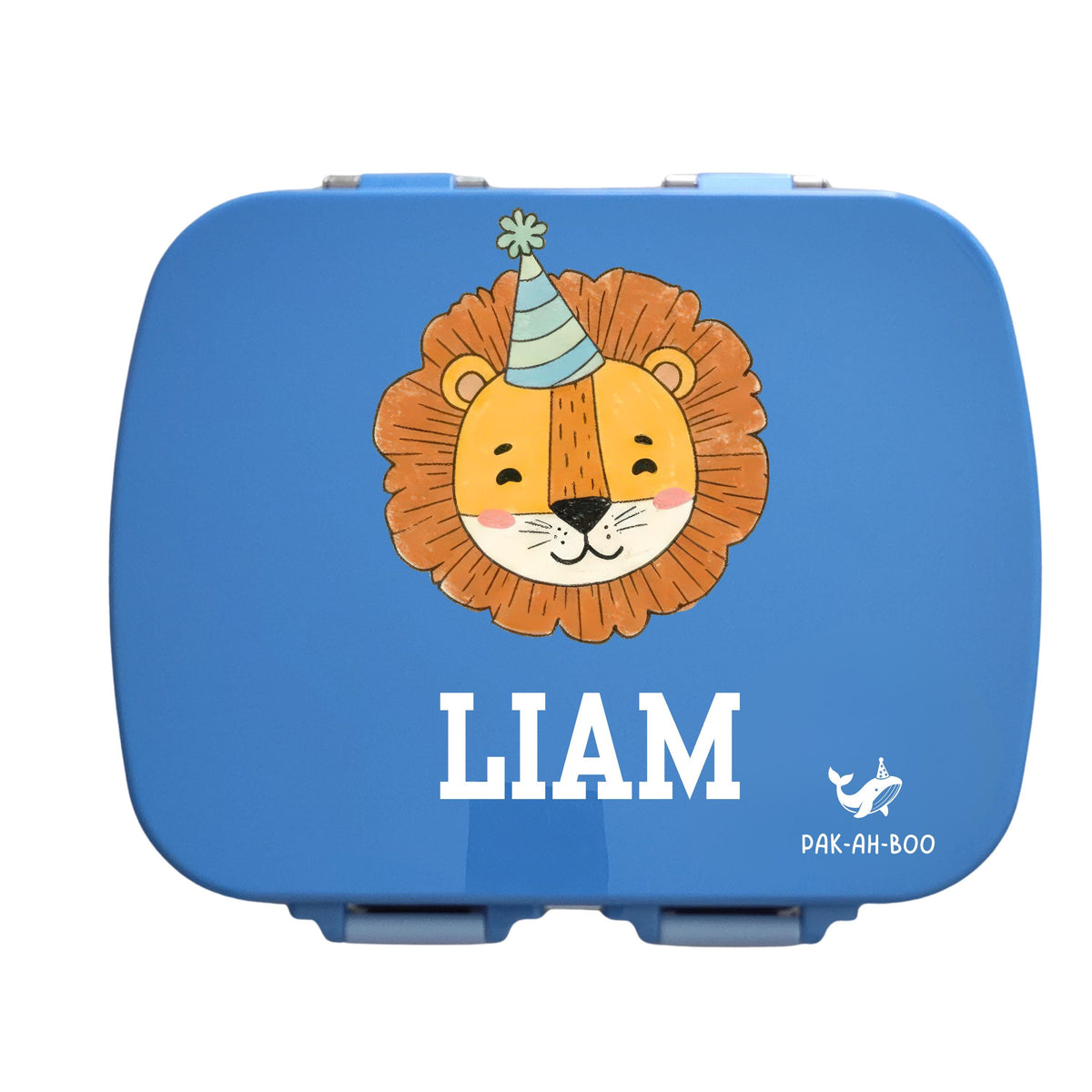 Personalised blue stainless steel kids bento box – PAK-AH-BOO MunchiiBox 4, Lion print with name