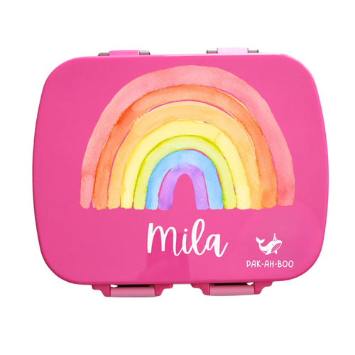 Personalised pink stainless steel kids bento box – PAK-AH-BOO MunchiiBox 4, Rainbow print with name