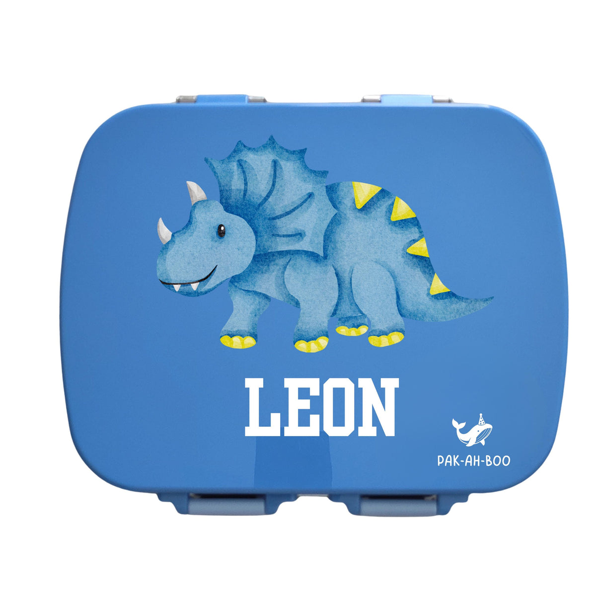 Personalised blue stainless steel kids bento box – PAK-AH-BOO MunchiiBox 4, Dinosaur print with name