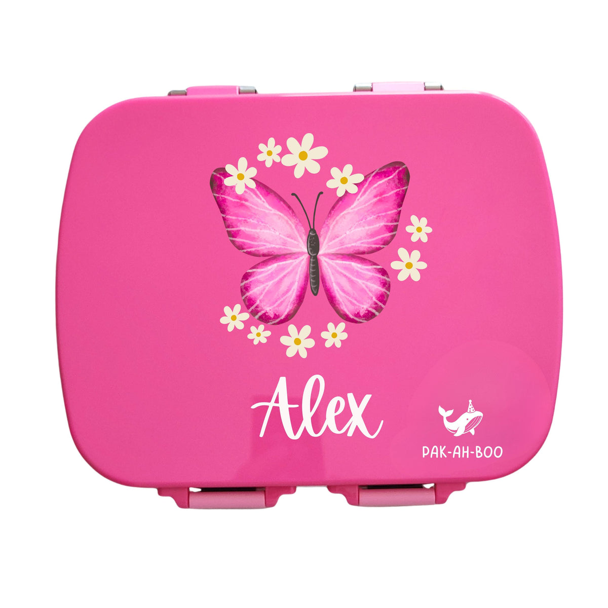 Personalised pink stainless steel kids bento box – PAK-AH-BOO MunchiiBox 4, Butterfly print with name