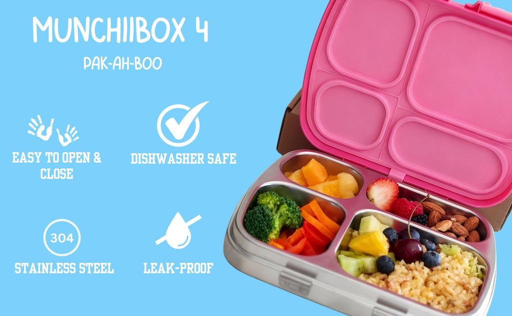 Personalised blue stainless steel kids bento box – PAK-AH-BOO MunchiiBox 4, 830ml 4 compartment lunch box features