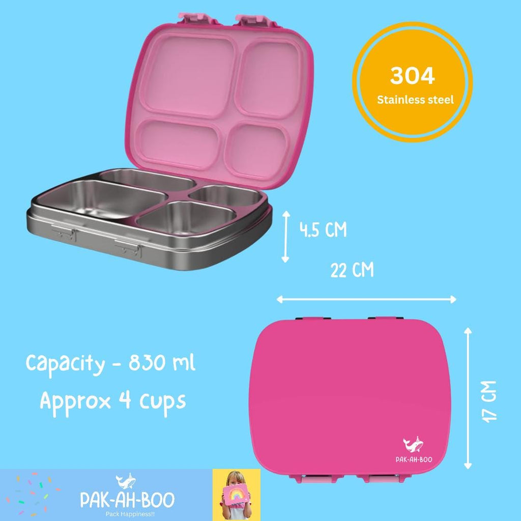 Personalised pink stainless steel kids bento box – PAK-AH-BOO MunchiiBox 4, dimensions 22 x 17 x 4.5 cm, 830ml capacity