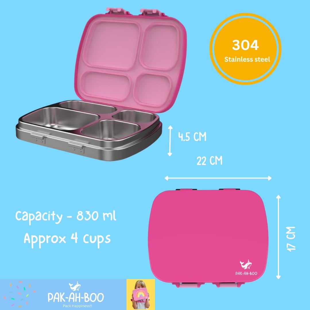 Personalised blue stainless steel kids bento box – PAK-AH-BOO MunchiiBox 4, dimensions 22 x 17 x 4.5 cm, 830ml capacity
