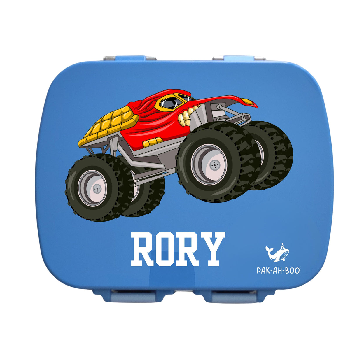 Personalised blue stainless steel kids bento box – PAK-AH-BOO MunchiiBox 4, Monster Truck print with name