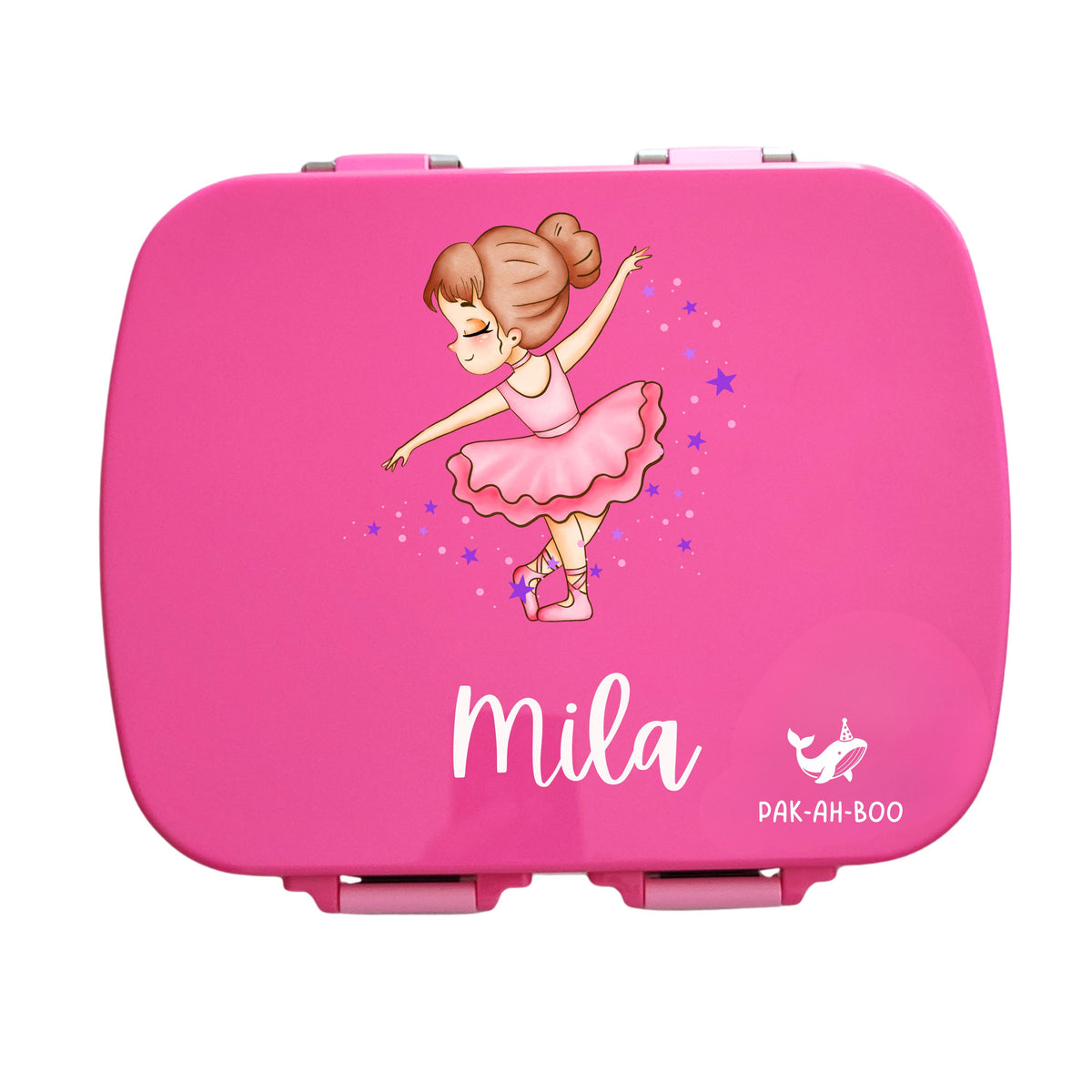 Personalised pink stainless steel kids bento box – PAK-AH-BOO MunchiiBox 4, Ballerina print with name