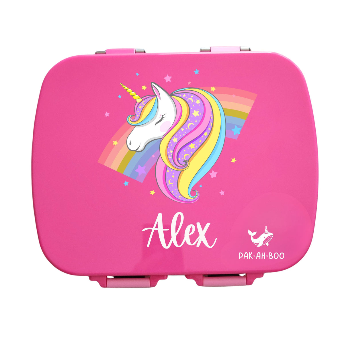 Personalised pink stainless steel kids bento box – PAK-AH-BOO MunchiiBox 4, Unicorn print with name