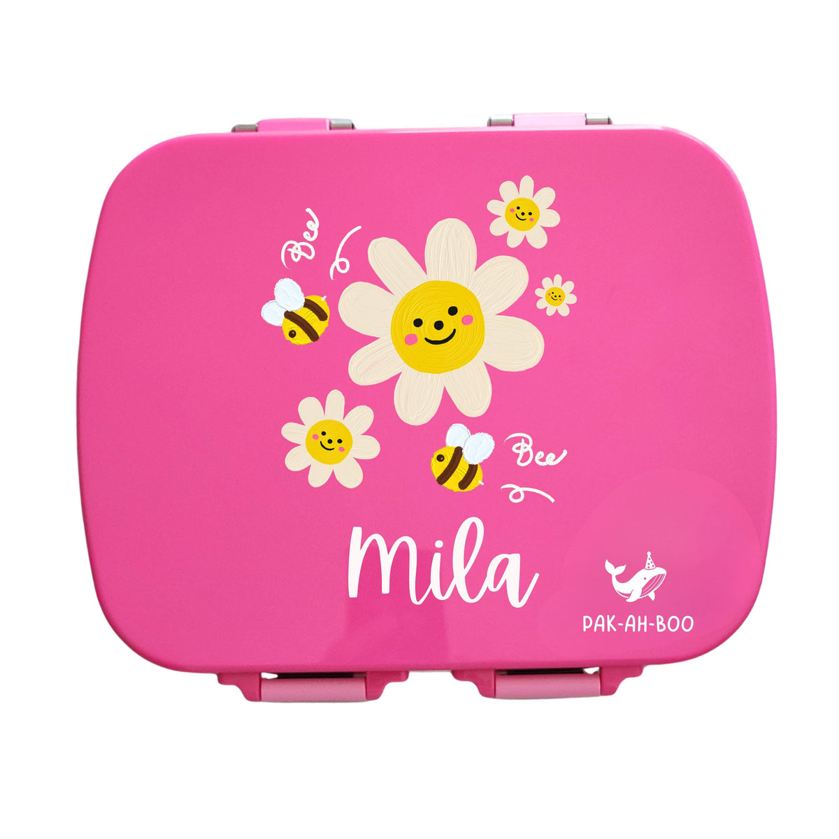 Personalised pink stainless steel kids bento box – PAK-AH-BOO MunchiiBox 4, Daisy print with name