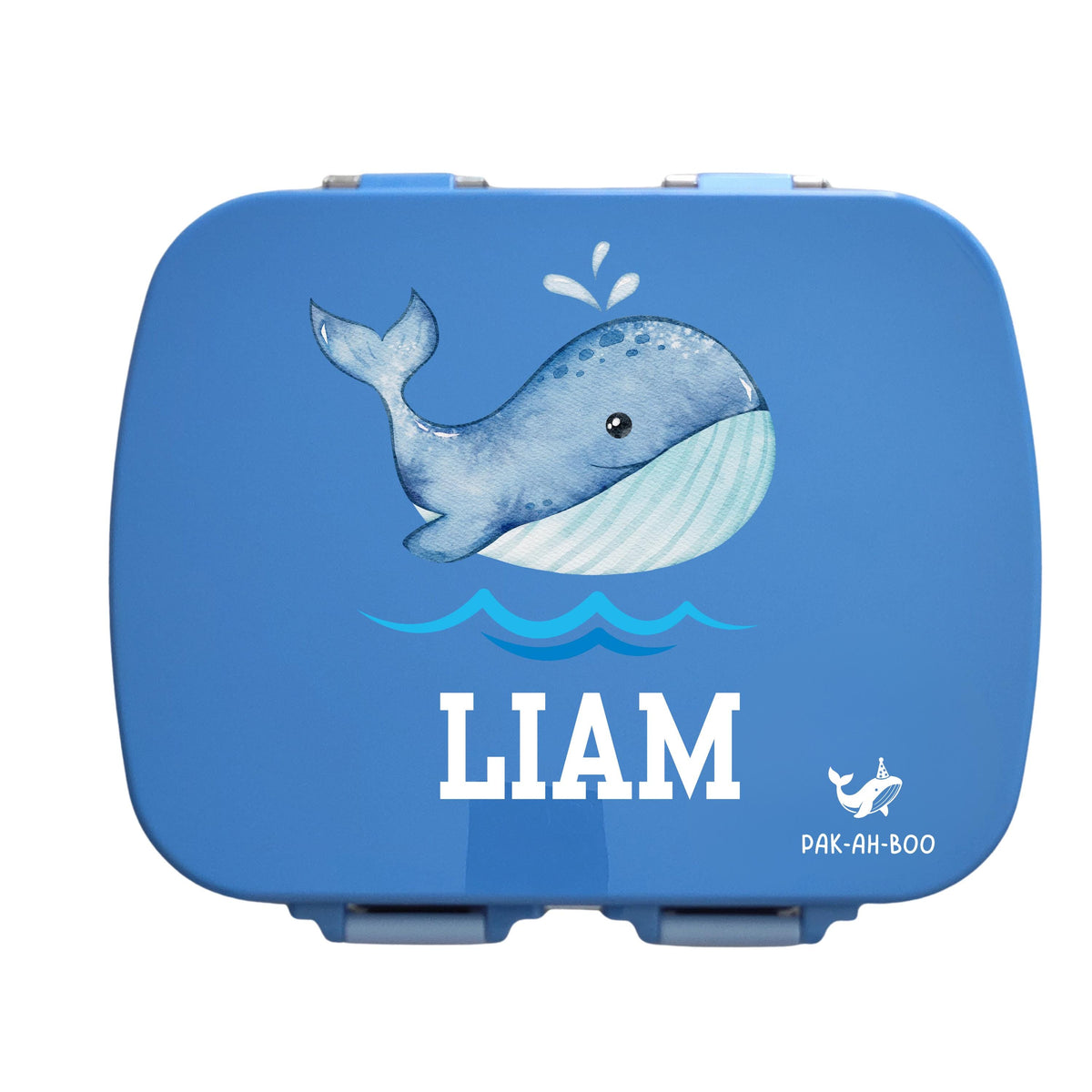 Personalised blue stainless steel kids bento box – PAK-AH-BOO MunchiiBox 4, Whale print with name