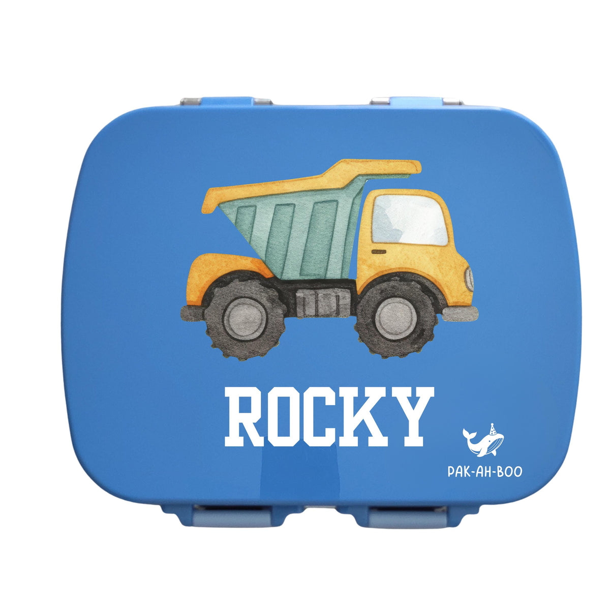 Personalised blue stainless steel kids bento box – PAK-AH-BOO MunchiiBox 4, Dump Truck print with name