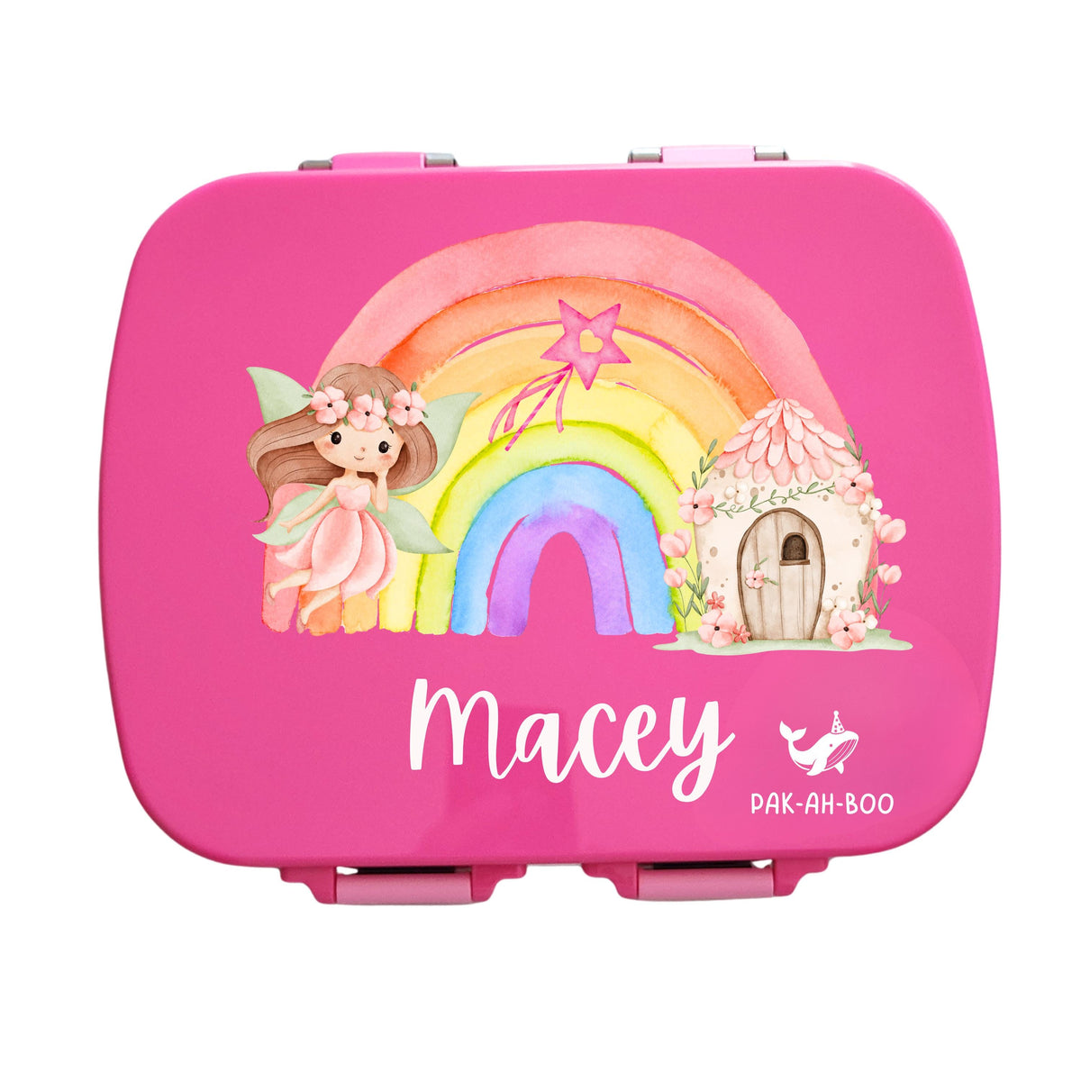 Personalised pink stainless steel kids bento box – PAK-AH-BOO MunchiiBox 4, Rainbow Fairy print with name