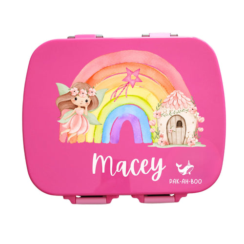 Personalised pink stainless steel kids bento box – PAK-AH-BOO MunchiiBox 4, Rainbow Fairy print with name