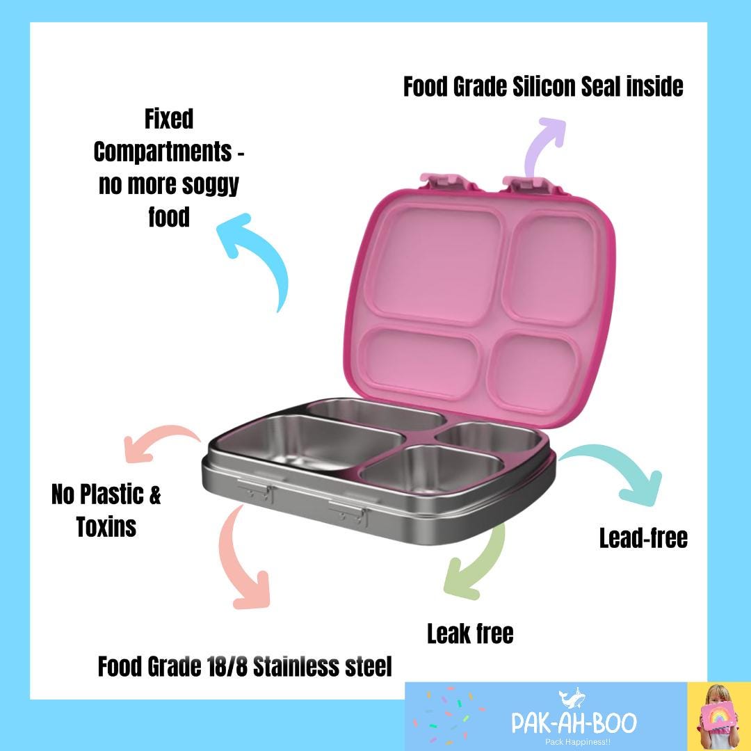 Personalised blue stainless steel kids bento box – PAK-AH-BOO MunchiiBox 4, food-grade 304 stainless steel, leak-free, lead-free