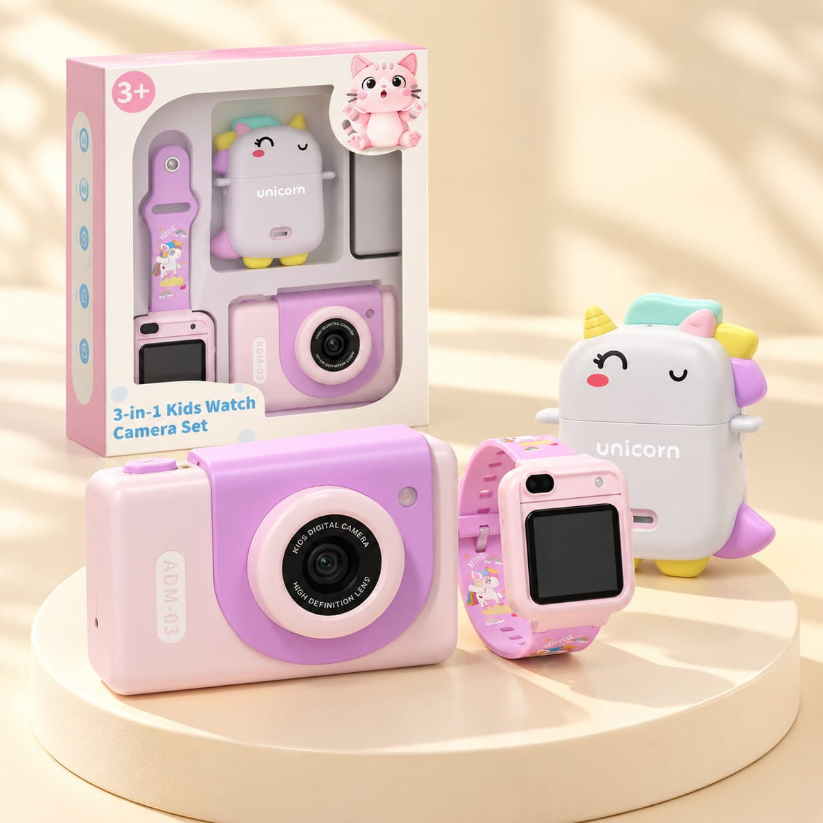 PAK-AH-BOO 3-in-1 kids camera watch set in Unicorn design with pink camera, smart watch and unicorn case