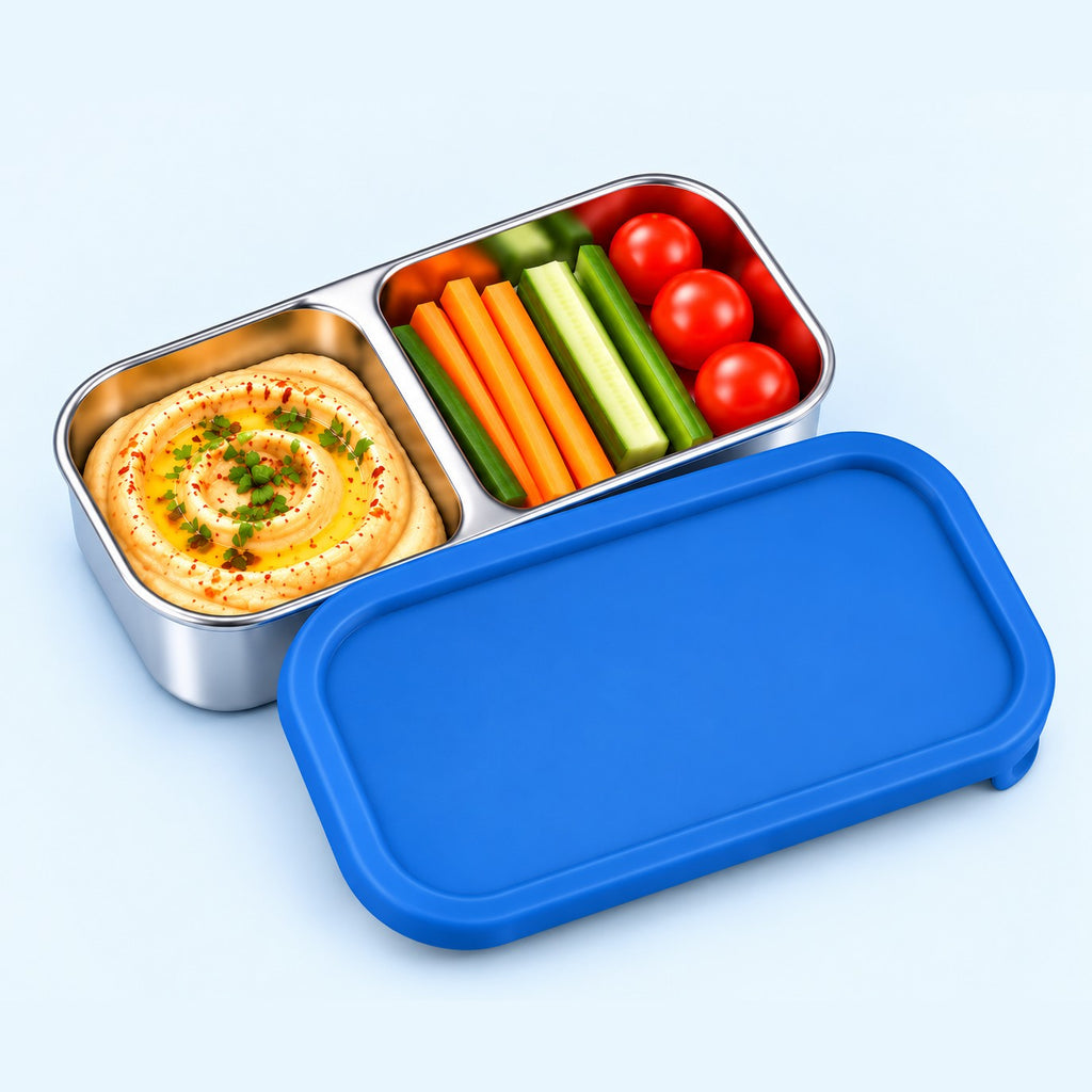 Blue Mini Snack Pod – 2 compartment stainless steel lunch box snack container with hummus and veggie sticks