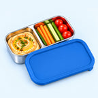 Blue Mini Snack Pod – 2 compartment stainless steel lunch box snack container with hummus and veggie sticks