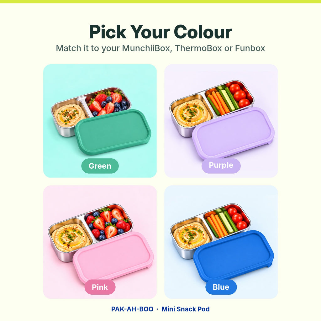 Mini Snack Pod colours – green, purple, pink and blue stainless steel kids snack containers