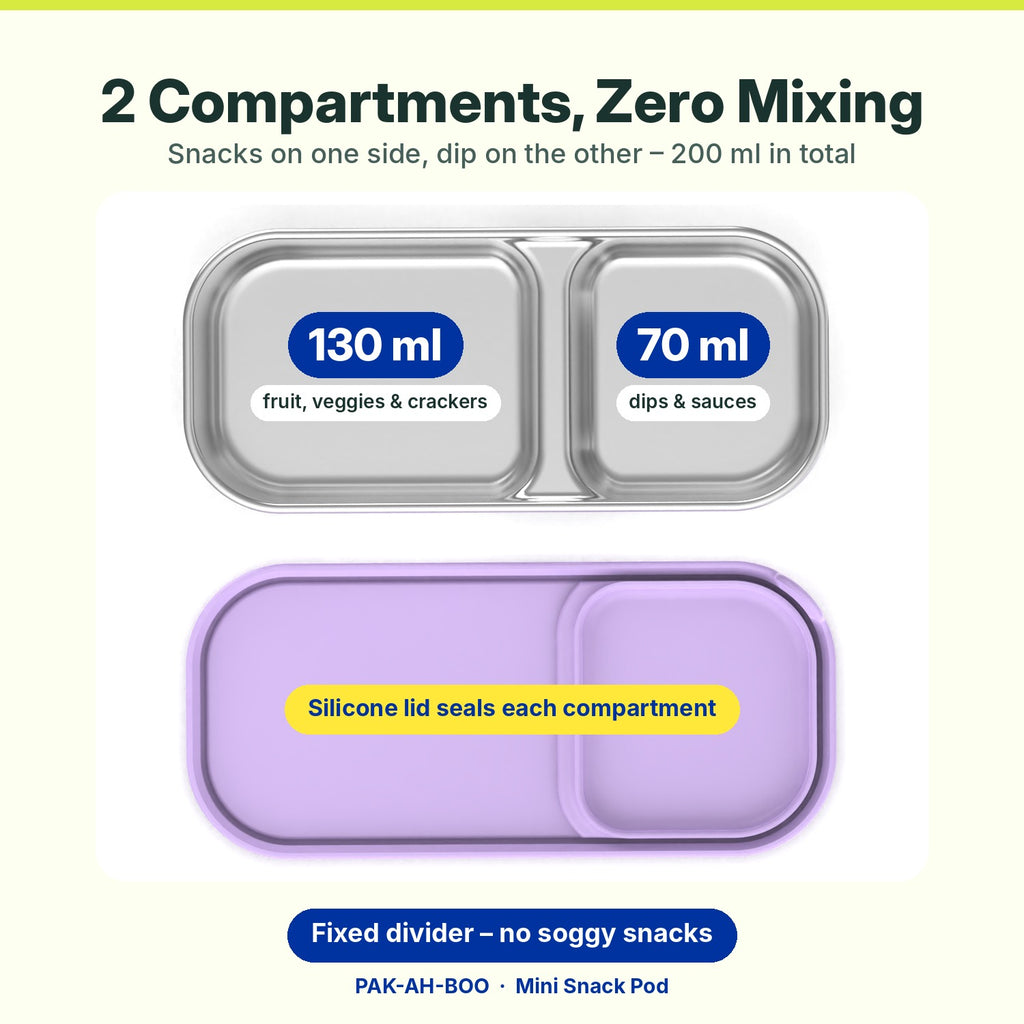 Mini Snack Pod compartments – 130ml snack compartment and 70ml dip compartment with leakproof silicone lid, 200ml total