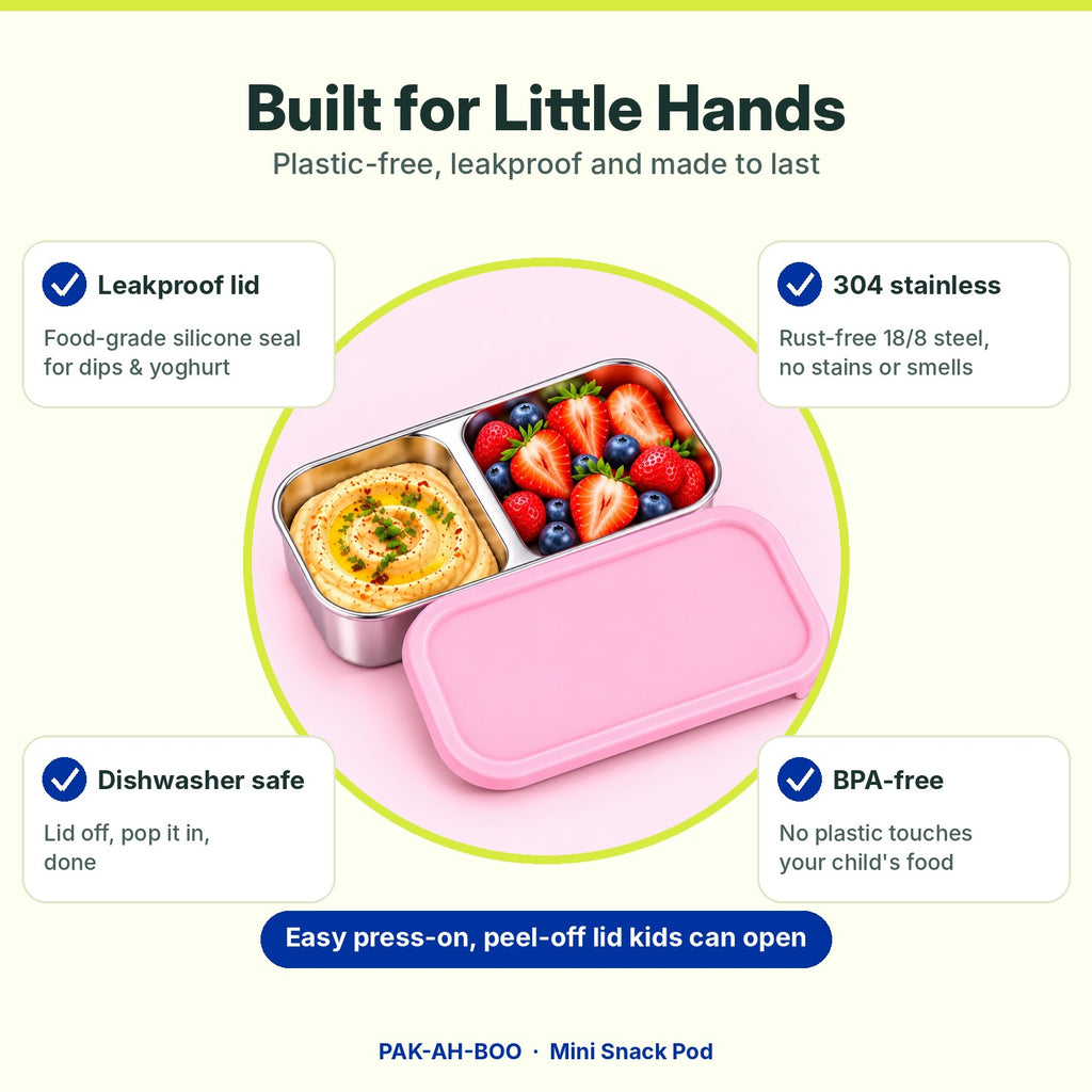 Mini Snack Pod features – leakproof silicone lid, 304 stainless steel, dishwasher safe and BPA-free kids snack container