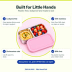 Mini Snack Pod features – leakproof silicone lid, 304 stainless steel, dishwasher safe and BPA-free kids snack container