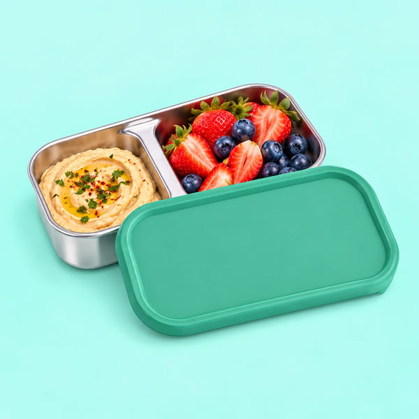 PAK-AH-BOO Mini Snack Pod in Green – 200ml stainless steel 2 compartment kids snack container with hummus, strawberries and blueberries