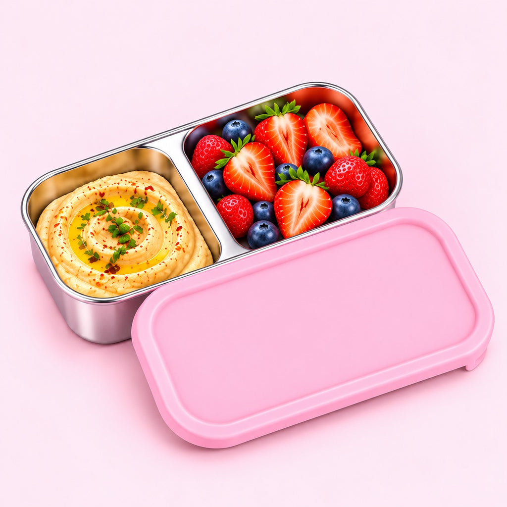 Pink Mini Snack Pod – plastic-free stainless steel snack box for kids with leakproof silicone lid, hummus and berries