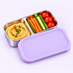 Purple Mini Snack Pod – stainless steel kids dip container with hummus, carrot and cucumber sticks and cherry tomatoes