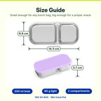 Mini Snack Pod size guide – stainless steel kids snack container measures 14.5 cm x 6.8 cm x 3.7 cm, shown from top and side with silicone lid