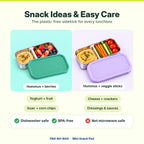 Mini Snack Pod snack ideas and care – hummus with berries or veggie sticks, dishwasher safe, BPA-free, not microwave safe