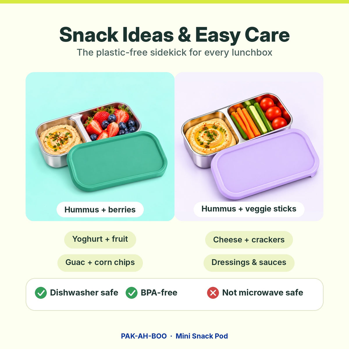 Mini Snack Pod snack ideas and care – hummus with berries or veggie sticks, dishwasher safe, BPA-free, not microwave safe