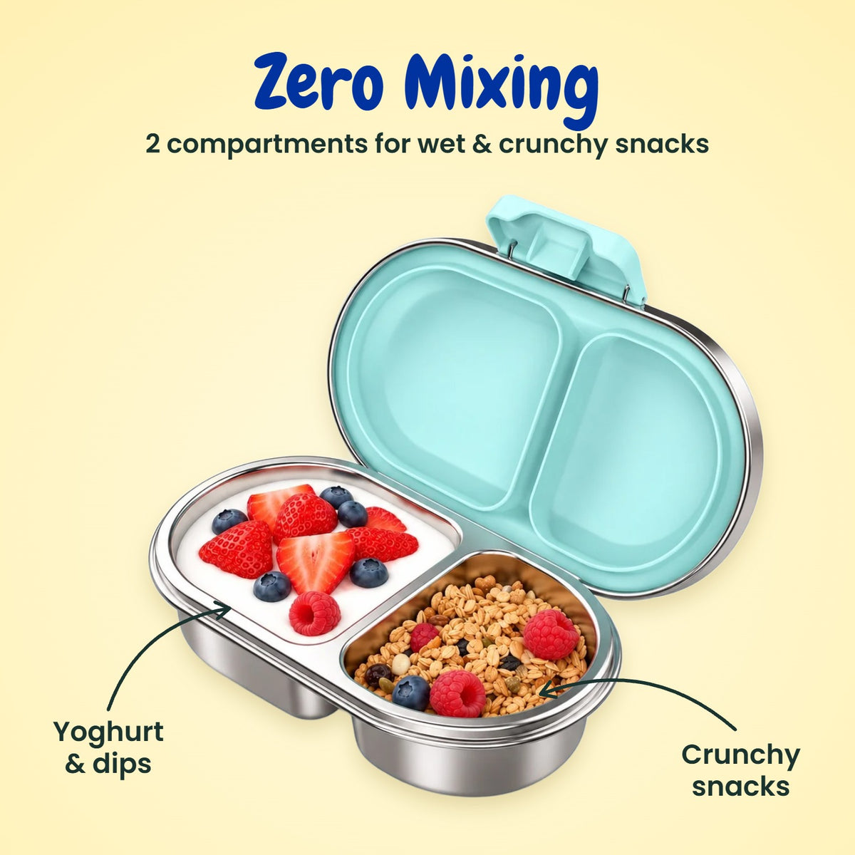 2 compartment stainless steel bento snack box for kids – green MunchiiBox 2 keeps yoghurt and crunchy snacks apart
