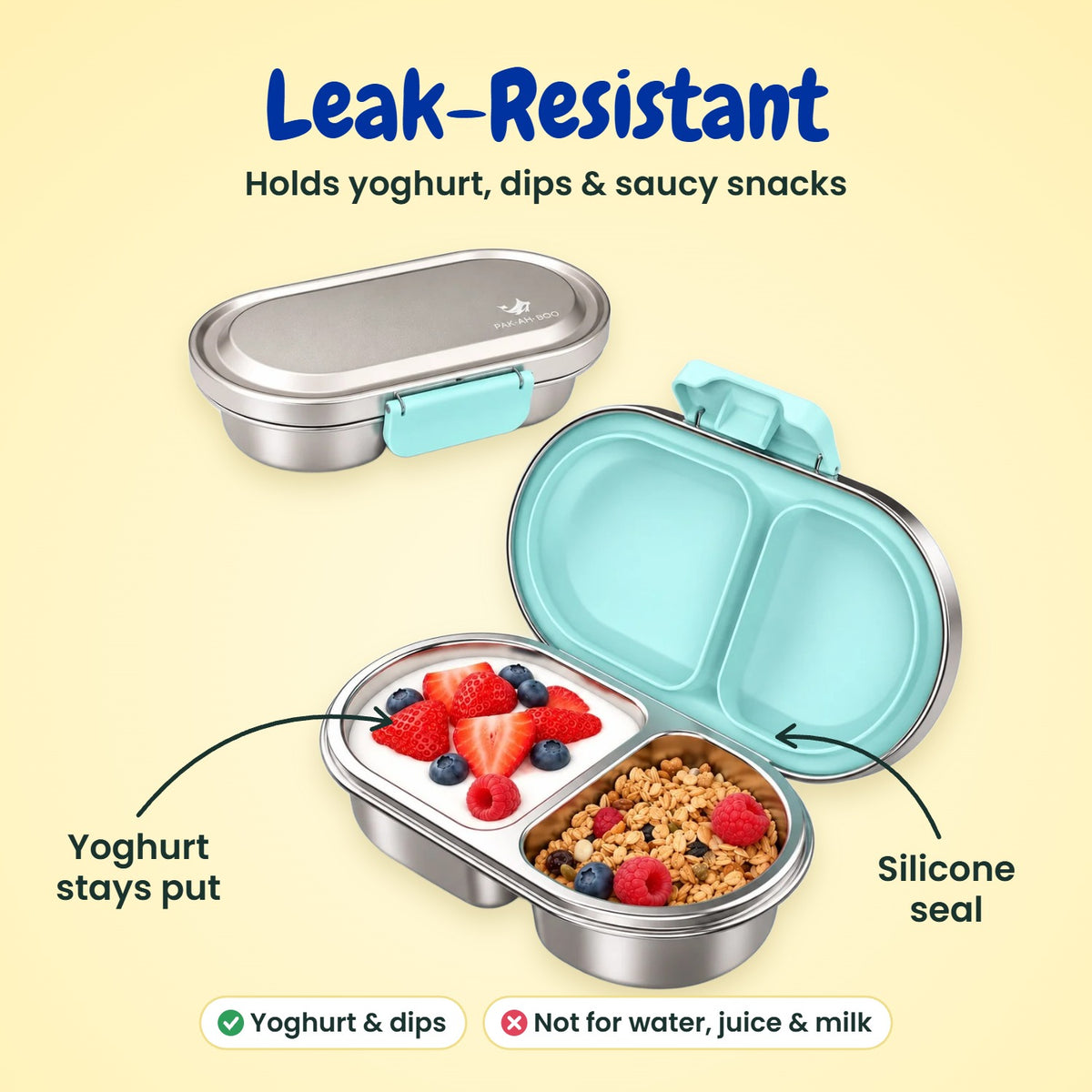 Leakproof green kids snack box with silicone seal – stainless steel bento holds yoghurt and dips, MunchiiBox 2