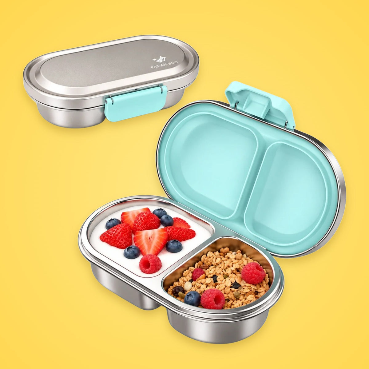 Green (mint) MunchiiBox 2 personalised stainless steel kids snack box – 400ml leakproof bento lunch box, open with yoghurt, berries and granola