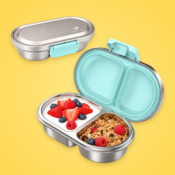 Green (mint) MunchiiBox 2 personalised stainless steel kids snack box – 400ml leakproof bento lunch box, open with yoghurt, berries and granola