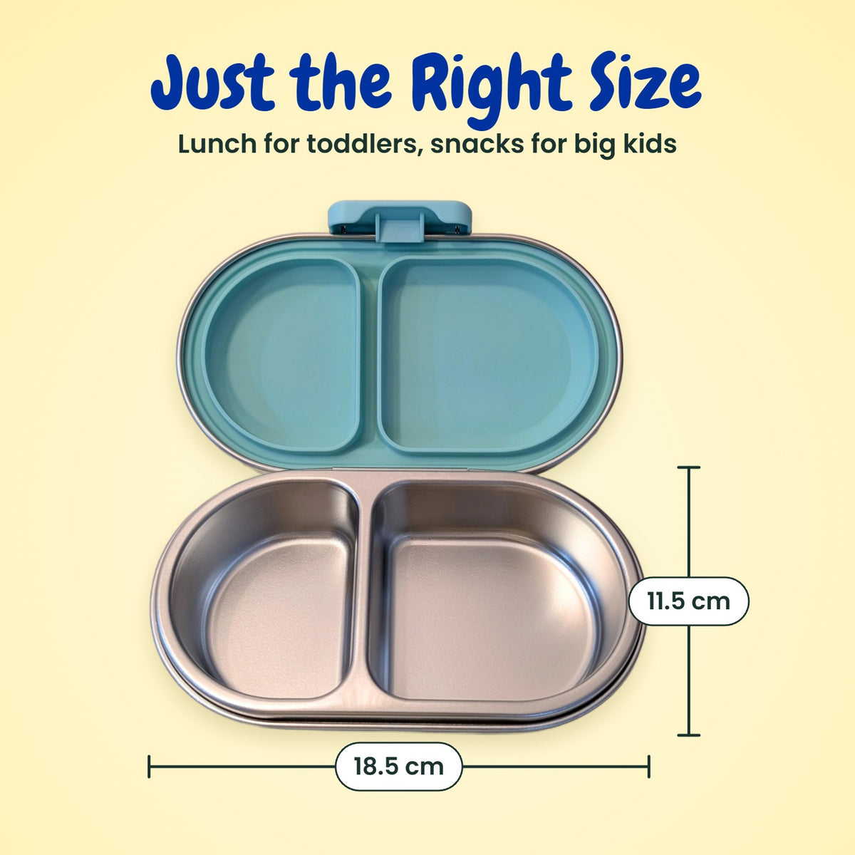 MunchiiBox 2 kids snack box size guide – 18.5 cm x 11.5 cm, 400ml green stainless steel bento for toddlers and kids