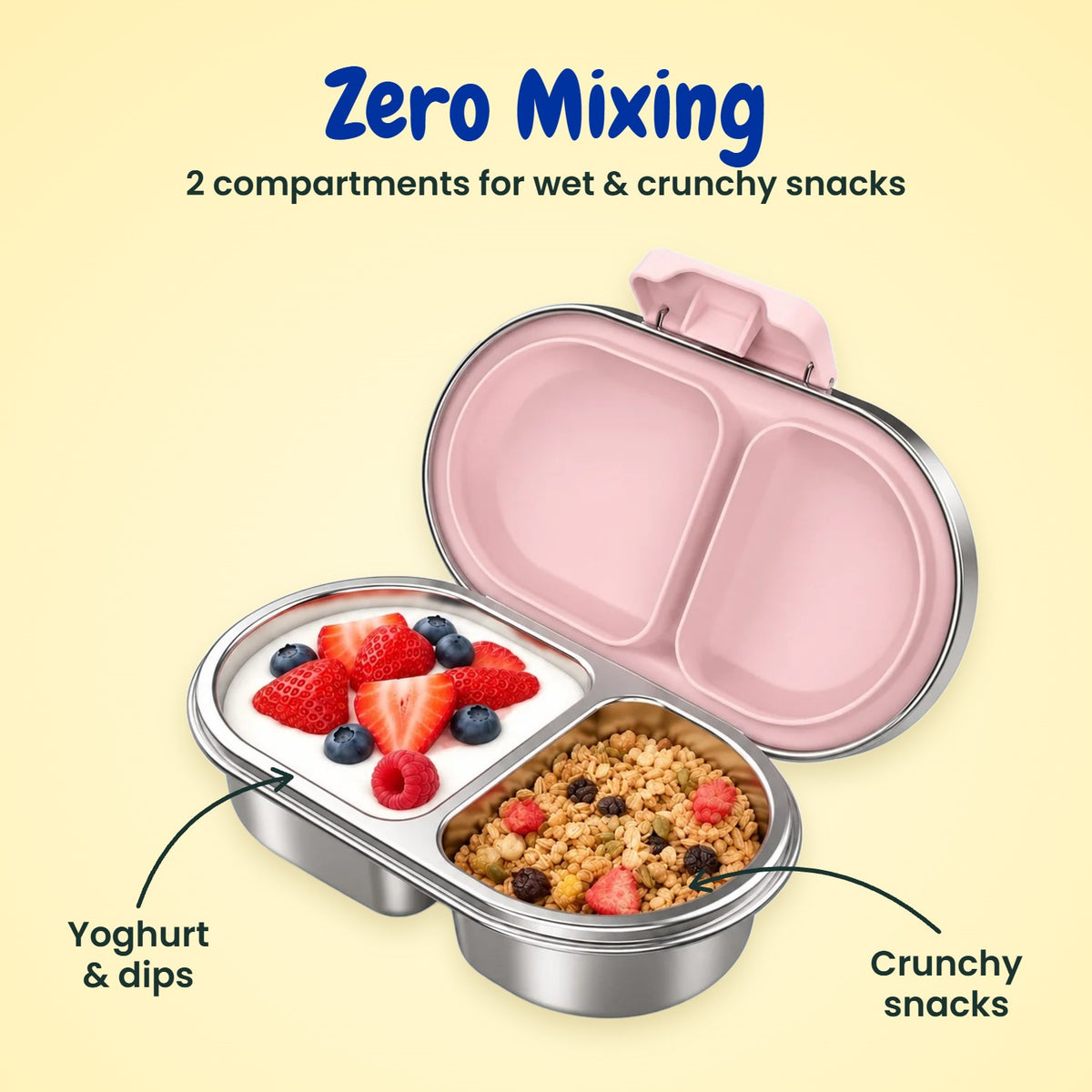 2 compartment stainless steel bento snack box for kids – pink MunchiiBox 2 keeps yoghurt and crunchy snacks apart